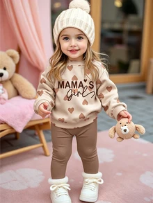 SHEIN 卡其色可愛愛心字母 Mama'girl❤ 嬰兒女童休閒舒適軟厚保暖圓領長袖運動衫與內搭褲套裝，適合秋冬日常穿著，溫馨季節時尚女寶裝 - 彩色 - 查看 3