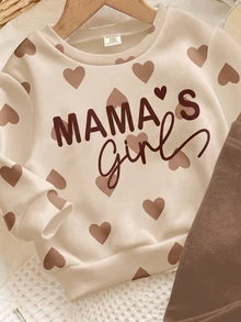 SHEIN 卡其色可愛愛心字母 Mama'girl❤ 嬰兒女童休閒舒適軟厚保暖圓領長袖運動衫與內搭褲套裝，適合秋冬日常穿著，溫馨季節時尚女寶裝 - 彩色 - 查看 6