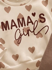 SHEIN 卡其色可愛愛心字母 Mama'girl❤ 嬰兒女童休閒舒適軟厚保暖圓領長袖運動衫與內搭褲套裝，適合秋冬日常穿著，溫馨季節時尚女寶裝 - 彩色 - 查看 7
