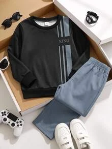 SHEIN 2pcs/Set Boys Loose Fit Striped Print Pullover & Elastic Waist Pants Autumn Outfit, Suitable For Winter, School, Back To School Season, Thickened Kids - Blue - View 3