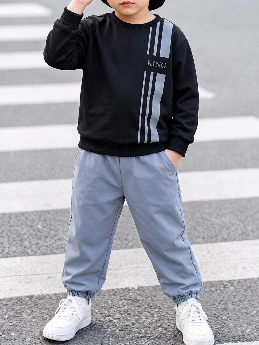 SHEIN 2pcs/Set Boys Loose Fit Striped Print Pullover & Elastic Waist Pants Autumn Outfit, Suitable For Winter, School, Back To School Season, Thickened Kids - Blue - View 1