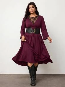 Enliva Gaun Maxi Flowy Wanita Plus Size Kerah V Lengan Panjang Gaya Gothic Elegan untuk Musim Gugur, Menawan dan Cocok untuk Bentuk Tubuh Apel - Rose Red - View 9