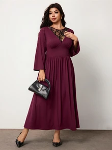 Enliva Gaun Maxi Flowy Wanita Plus Size Kerah V Lengan Panjang Gaya Gothic Elegan untuk Musim Gugur, Menawan dan Cocok untuk Bentuk Tubuh Apel - Rose Red - View 7
