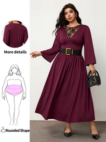 Enliva Gaun Maxi Flowy Wanita Plus Size Kerah V Lengan Panjang Gaya Gothic Elegan untuk Musim Gugur, Menawan dan Cocok untuk Bentuk Tubuh Apel - Rose Red - View 1