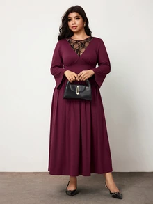 Enliva Gaun Maxi Flowy Wanita Plus Size Kerah V Lengan Panjang Gaya Gothic Elegan untuk Musim Gugur, Menawan dan Cocok untuk Bentuk Tubuh Apel - Rose Red - View 5