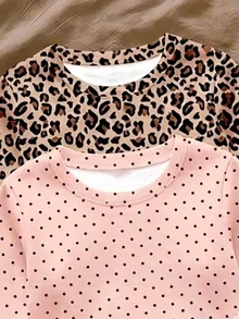 SHEIN 可愛豹紋波點圖案女嬰休閒極簡修身圓領長袖褲裝家居服套裝 4 件組，適合秋冬，貼身修身，隨機 2 款（共 3 款），休閒穿著 - 彩色 - 查看 9