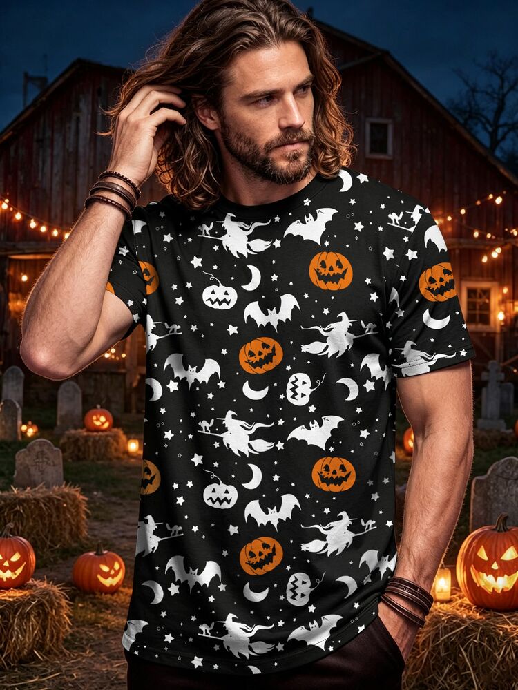 Fenqiro Men's Halloween Pumpkin, Witch, Bat & Moon Print T-Shirt, Crew Neck Short Sleeve Graphic Tee For Costume Parties And Casual Fall Wear - Multicolor - View 3