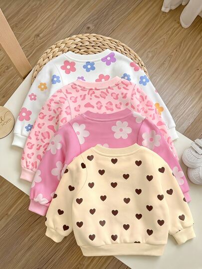 SHEIN Baby Girl Casual Cute Minimalist Brown And Cream Floral Print, Polka Dot, Color, Loose Round Neck Knit Soft Pullover Sweatshirt, Vintage, Autumn