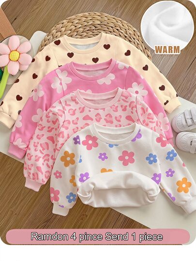 SHEIN Baby Girl Casual Cute Minimalist Brown And Cream Floral Print, Polka Dot, Color, Loose Round Neck Knit Soft Pullover Sweatshirt, Vintage, Autumn