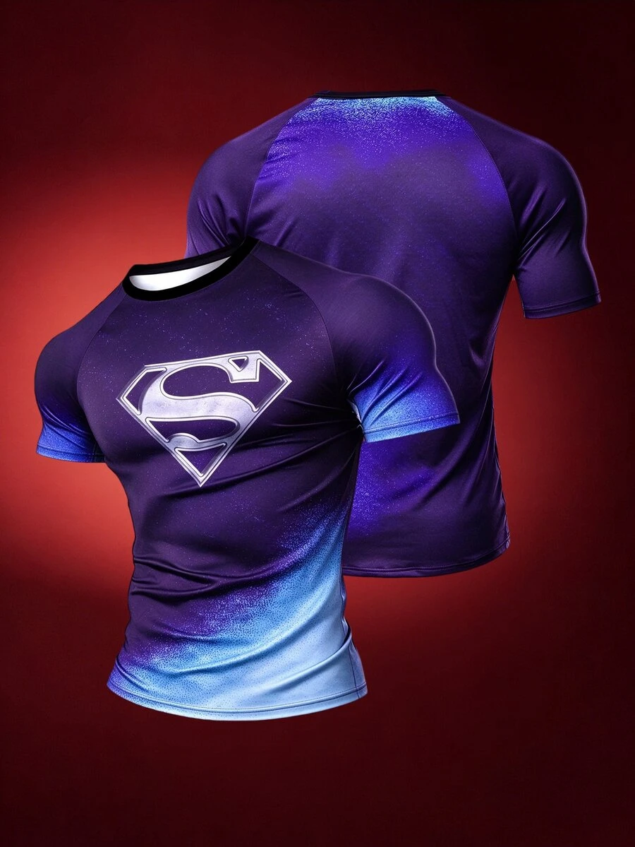 SUPERMAN X SHEIN 男士圓領短袖修身 S 圖案舒適運動 T 恤 - 彩色 - 查看 1