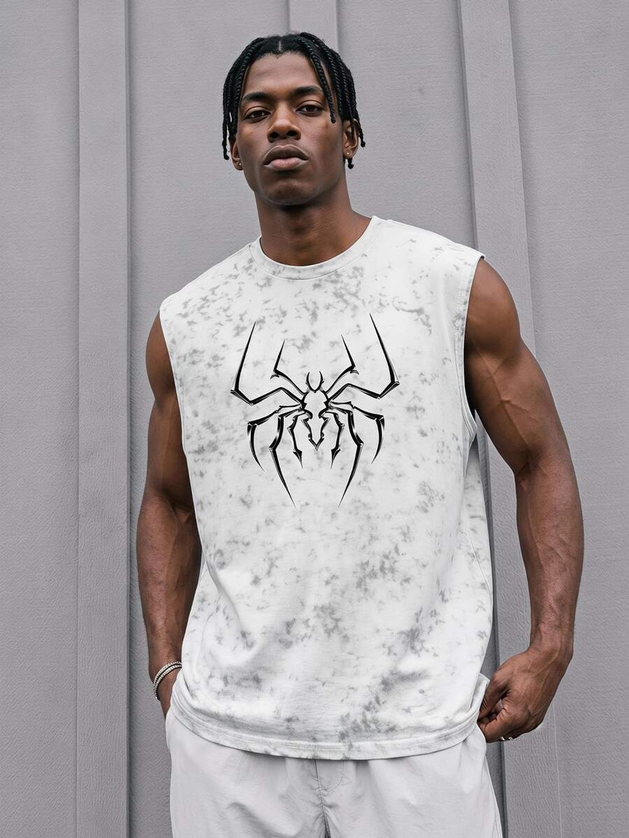 Sport MetroGents Men's Spider Print Crew Neck Casual Fitness Sports Tank Top, Gym - White - View 1