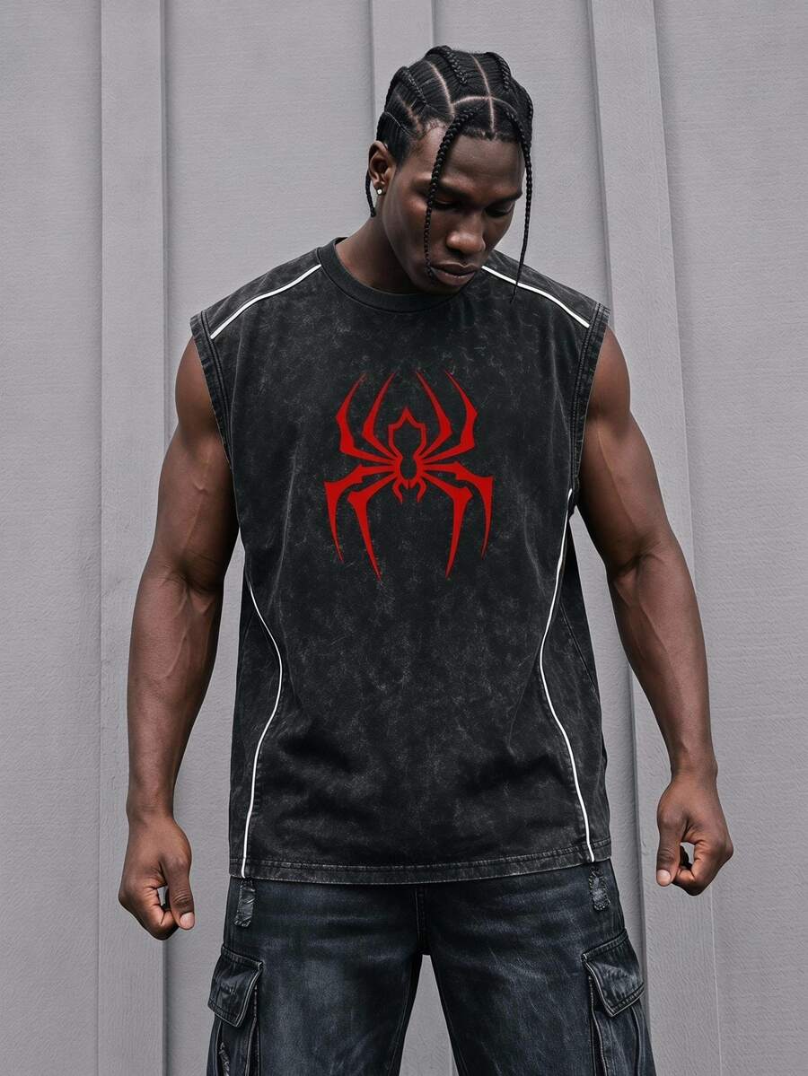 Sport MetroGents Men's Spider Pattern Casual Daily Travel Sports Tank Top, Gym - Black - View 1