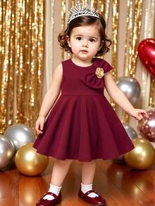 SHEIN Baby Girl Burgundy Decorative Button Big Bow Elastic Waist Dress, Suitable For Evening Party, Christmas, Wedding - Burgundy - View 1