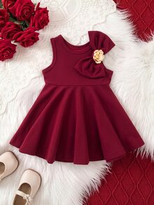 SHEIN Baby Girl Burgundy Decorative Button Big Bow Elastic Waist Dress, Suitable For Evening Party, Christmas, Wedding - Burgundy - View 3