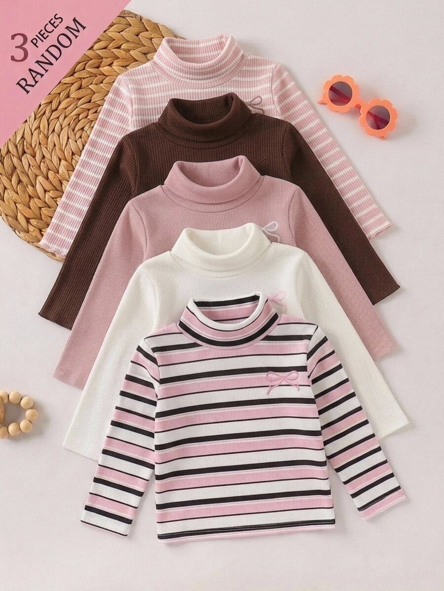 SHEIN Girls 3pcs Top Set, Striped + Pink + White High Neck Shirts, Printed Top Design - Multicolor - View 1