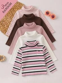 SHEIN 女童3件組上衣套裝，條紋+粉色+白色高領襯衫，印花上衣設計 - 彩色 - 查看 5
