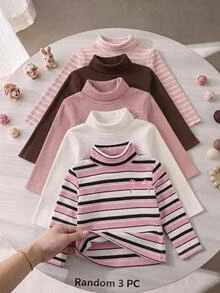 SHEIN 女童3件組上衣套裝，條紋+粉色+白色高領襯衫，印花上衣設計 - 彩色 - 查看 1