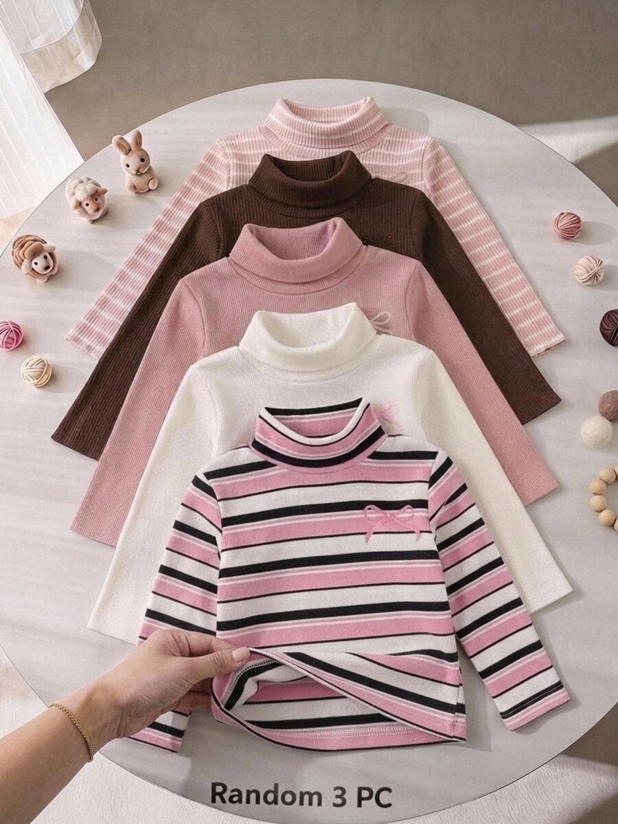 SHEIN 女童3件組上衣套裝,條紋+粉色+白色高領襯衫,印花上衣設計 - 彩色 - 查看 1