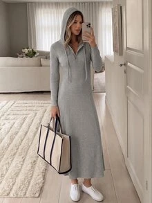 Easowa Casual Sporty Hooded Waist-Cinched Bodycon Fishtail Midi Dress, Fall/ Brunch Light Grey - Light Grey - View 4