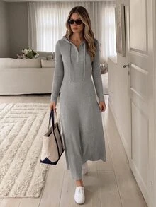 Easowa Casual Sporty Hooded Waist-Cinched Bodycon Fishtail Midi Dress, Fall/ Brunch Light Grey - Light Grey - View 2