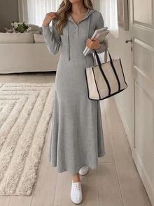 Easowa Casual Sporty Hooded Waist-Cinched Bodycon Fishtail Midi Dress, Fall/ Brunch Light Grey - Light Grey - View 5