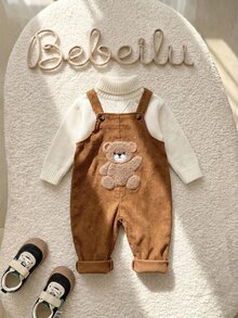 SHEIN 男嬰卡通熊圖案燈芯絨秋冬連身衣 - 棕色 - 查看 7