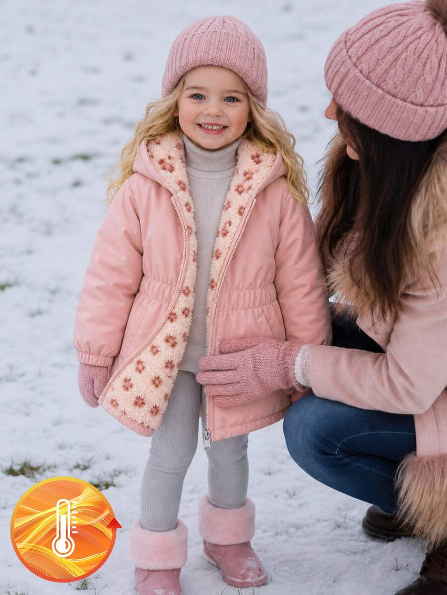 SHEIN Elladie kids 女童粉色可愛豹紋毛絨保暖內裡加厚拉鍊外套,穿脫方便,返校穿搭,秋冬款 - 粉色 - 查看 1