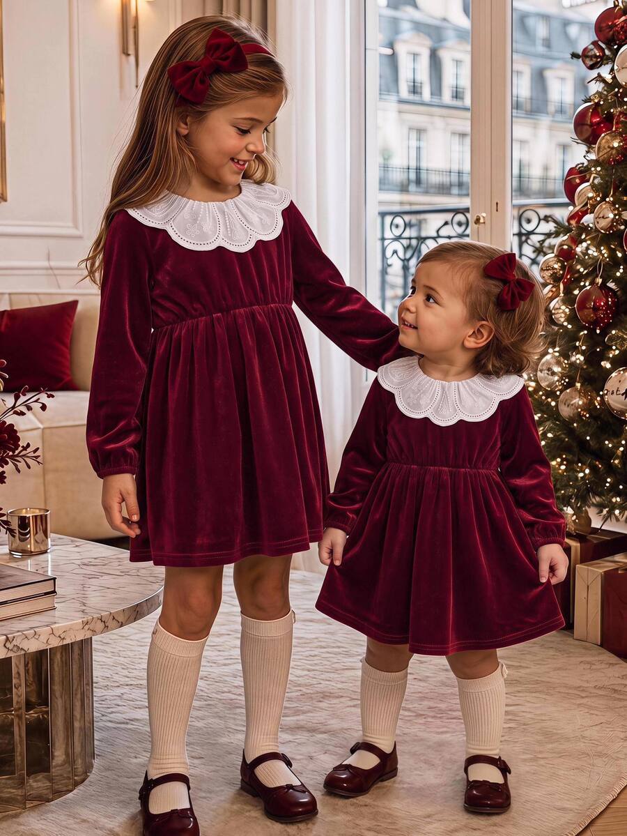 SHEIN Baby Girl Velvet Thick Long Sleeve Ruched Waist Lace Embroidered Peter Pan Collar Loose Long Autumn Dress Suitable For Winter Christmas - Burgundy - View 1