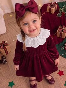 SHEIN Baby Girl Velvet Thick Long Sleeve Ruched Waist Lace Embroidered Peter Pan Collar Loose Long Autumn Dress Suitable For Winter Christmas - Burgundy - View 9