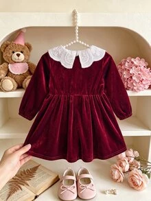 SHEIN Baby Girl Velvet Thick Long Sleeve Ruched Waist Lace Embroidered Peter Pan Collar Loose Long Autumn Dress Suitable For Winter Christmas - Burgundy - View 2