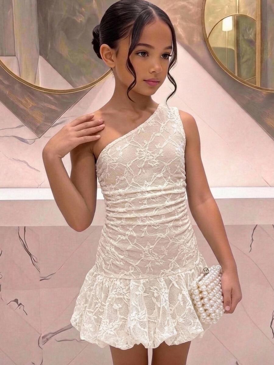 SHEIN 女童單肩無袖碎花洋裝,收腰抓皺紋理度假風公主裙 - 杏色 - 查看 1