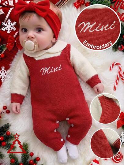 1pc Red Brick Baby Sweater Jumpsuit, Round Neck, Flutter Sleeve, 2 In 1 Design, Delicate Embroidery, Fashionable Sweet Style, Red And White Long Sleeve Crawler Suit, White Embroidered Peter Pan Collar