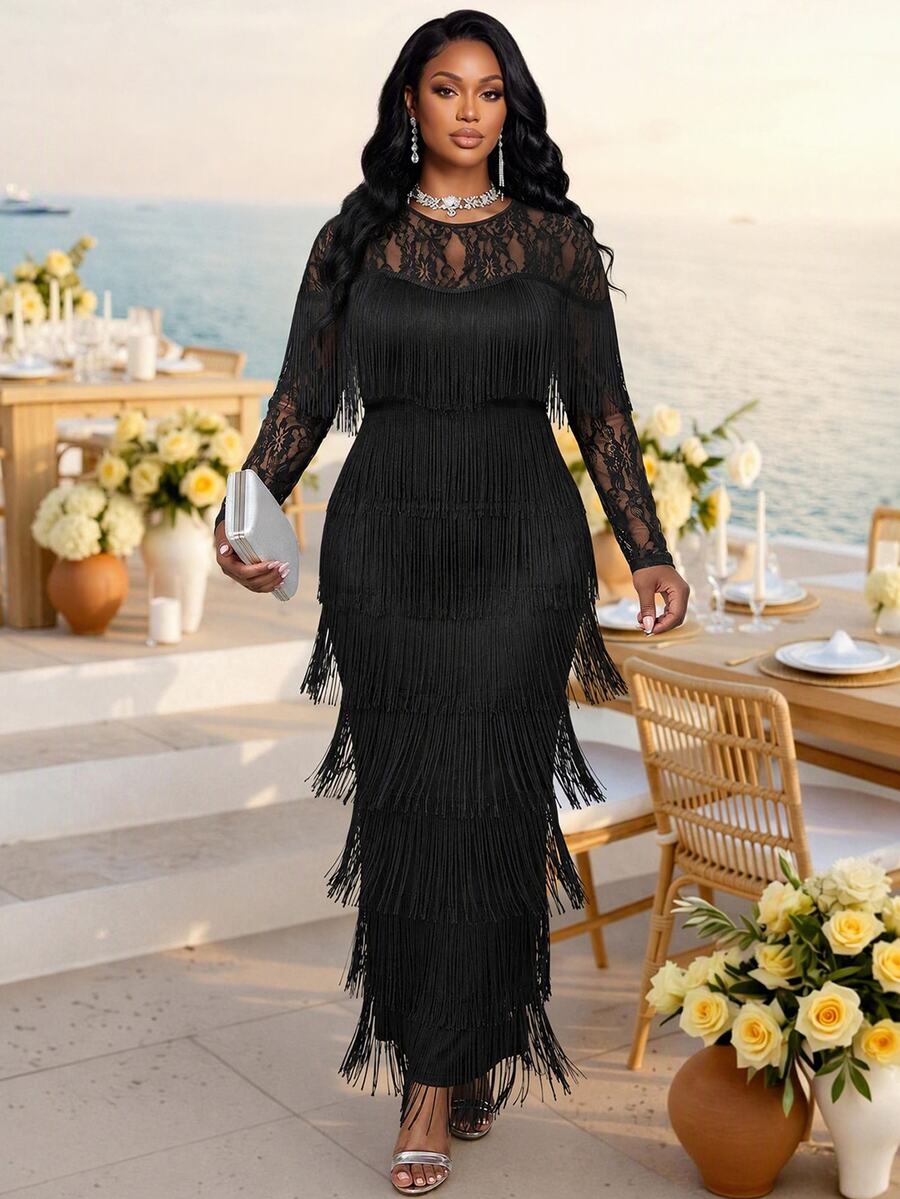 Fleurora Plus Size Women's Lace Patchwork Tassel Design Formal Cocktail Party Dress Fall Elegant Long Wedding Guest Halloween Black