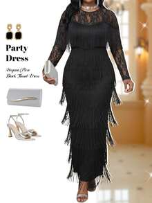 Fleurora Plus Size Women's Lace Patchwork Tassel Design Formal Cocktail Party Dress Fall Elegant Long Wedding Guest Halloween Black - Black - View 8