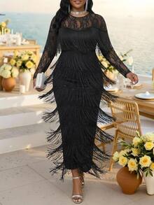 Fleurora Plus Size Women's Lace Patchwork Tassel Design Formal Cocktail Party Dress Fall Elegant Long Wedding Guest Halloween Black - Black - View 9