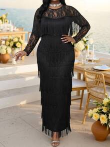 Fleurora Plus Size Women's Lace Patchwork Tassel Design Formal Cocktail Party Dress Fall Elegant Long Wedding Guest Halloween Black - Black - View 4