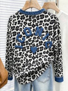 Glamine 經典90年代豹紋圓領拼色女款運動衫，全棕色調，復古性感街頭風，秋冬休閒上衣 - 彩色 - 查看 3