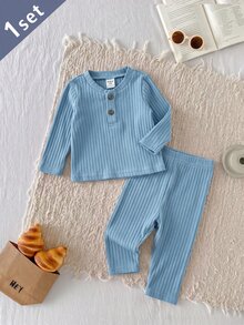 SHEIN (6 مجموعات يتم إرسالها عشوائياً 1 مجموعة) مجموعات حديثي الولادة متعددة الألوان ناعمة للأولاد الصغار أكمام طويلة خريف/شتاء ملابس علوية & بنطال الخصر - وردي - مشاهدة 8
