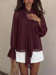 Siren Gaze Women's Solid Color Minimalist Long Sleeve Chiffon Blouse, Everyday Wear Spring Elegant Brown Blouses Puff Lantern Sheer - Brown - View 9