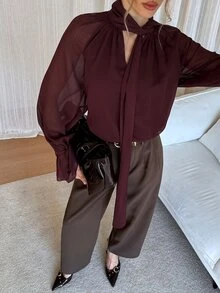 Siren Gaze Women's Solid Color Minimalist Long Sleeve Chiffon Blouse, Everyday Wear Spring Elegant Brown Blouses Puff Lantern Sheer - Brown - View 3