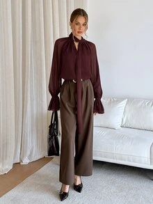 Siren Gaze Women's Solid Color Minimalist Long Sleeve Chiffon Blouse, Everyday Wear Spring Elegant Brown Blouses Puff Lantern Sheer - Brown - View 5