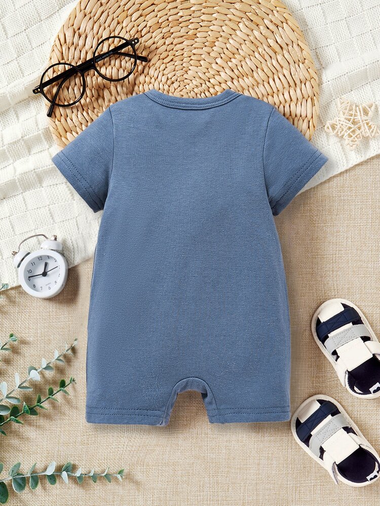 SHEIN ModeFlare Wear Don''t Make Me Go Get My Big Sister, Baby Boys'' Casual Minimalist Letter Graphic Round Neck Romper, Summer Cotton - Blue - View 2