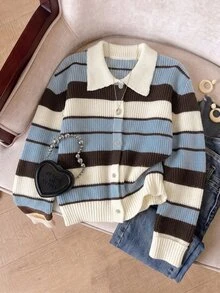 Muvela Women Vintage Striped Cardigan Sweater Contrast Polo Collar Button Down Long Sleeve Knit Tops,Casual Preppy Style Fall Winter Cardigan Sweater - Multicolor - View 3