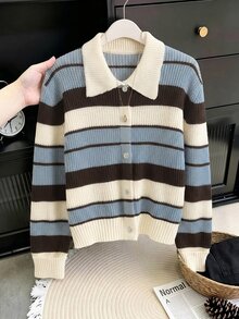 Muvela Women Vintage Striped Cardigan Sweater Contrast Polo Collar Button Down Long Sleeve Knit Tops,Casual Preppy Style Fall Winter Cardigan Sweater - Multicolor - View 9