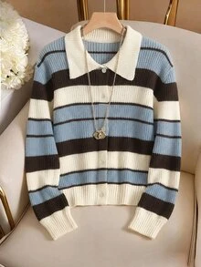 Muvela Women Vintage Striped Cardigan Sweater Contrast Polo Collar Button Down Long Sleeve Knit Tops,Casual Preppy Style Fall Winter Cardigan Sweater - Multicolor - View 8