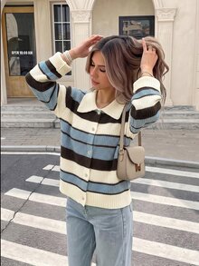 Muvela Women Vintage Striped Cardigan Sweater Contrast Polo Collar Button Down Long Sleeve Knit Tops,Casual Preppy Style Fall Winter Cardigan Sweater - Multicolor - View 2