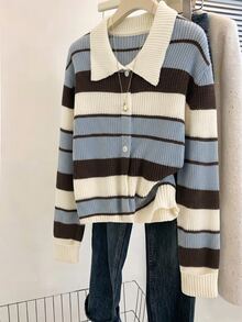 Muvela Women Vintage Striped Cardigan Sweater Contrast Polo Collar Button Down Long Sleeve Knit Tops,Casual Preppy Style Fall Winter Cardigan Sweater - Multicolor - View 1