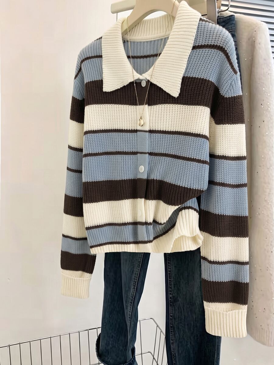 Muvela Women Vintage Striped Cardigan Sweater Contrast Polo Collar Button Down Long Sleeve Knit Tops,Casual Preppy Style Fall Winter Cardigan Sweater - Multicolor - View 1