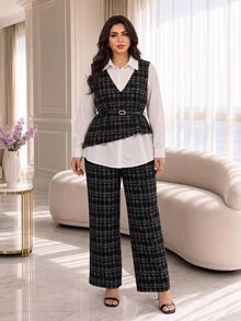 Modelyn Plus Size Women's 2 Pieces Casual Set With 2 In 1 Patchwork Long Sleeve Top And Pants - Black and White - View 4