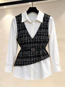 Modelyn Plus Size Women's 2 Pieces Casual Set With 2 In 1 Patchwork Long Sleeve Top And Pants - Black and White - View 5